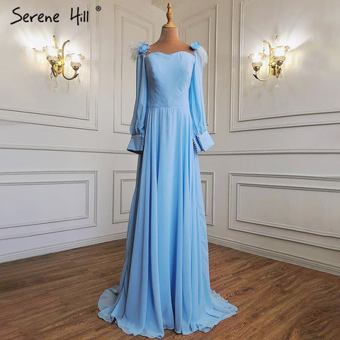 Robe de soirée musulmane bleue simple, en mousseline de soie, plumes d'autruche, coupe trapèze, pour femmes, HA2217, 2025 