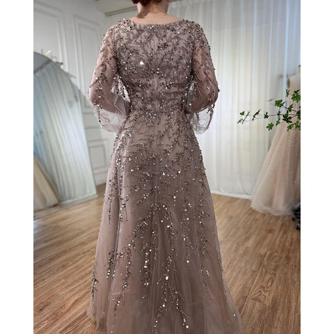 Robe de soirée longue de luxe style musulman, coupe trapèze, perles, couleur caramel, style Dubaï, pour femmes, pour fête de mariage, 2025, LA71653A 