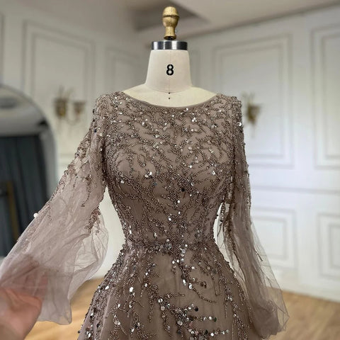 Robe de soirée longue de luxe style musulman, coupe trapèze, perles, couleur caramel, style Dubaï, pour femmes, pour fête de mariage, 2025, LA71653A 
