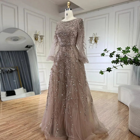 Robe de soirée longue de luxe style musulman, coupe trapèze, perles, couleur caramel, style Dubaï, pour femmes, pour fête de mariage, 2025, LA71653A 