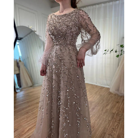 Robe de soirée longue de luxe style musulman, coupe trapèze, perles, couleur caramel, style Dubaï, pour femmes, pour fête de mariage, 2025, LA71653A 