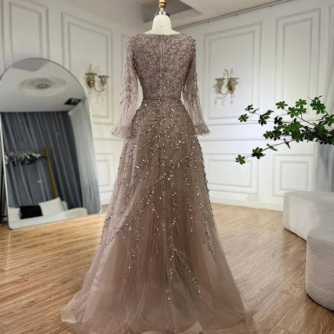 Robe de soirée longue de luxe style musulman, coupe trapèze, perles, couleur caramel, style Dubaï, pour femmes, pour fête de mariage, 2025, LA71653A 