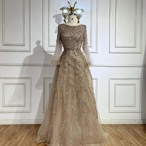 Robe de soirée longue de luxe style musulman, coupe trapèze, perles, couleur caramel, style Dubaï, pour femmes, pour fête de mariage, 2025, LA71653A 