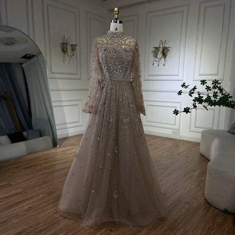 Muslim Nude A-Line Beaded Luxury Elegant Dubai Evening Gown Wedding Party LA72594