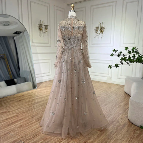 Muslim Nude A-Line Beaded Luxury Elegant Dubai Evening Gown Wedding Party LA72594