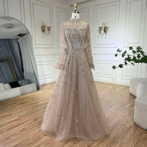 Muslim Nude A-Line Beaded Luxury Elegant Dubai Evening Gown Wedding Party LA72594