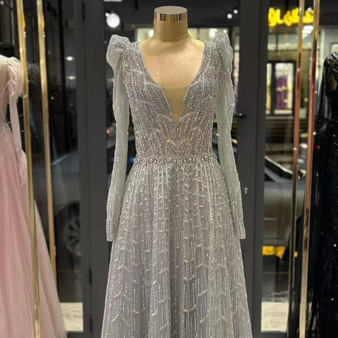 Robe de soirée longue style musulman, coupe trapèze, col en V, perles, style Dubaï, 2025, pour femmes, fête de mariage, LA71940 