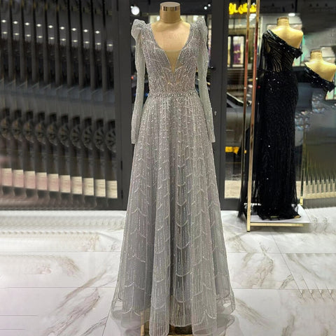 Robe de soirée longue style musulman, coupe trapèze, col en V, perles, style Dubaï, 2025, pour femmes, fête de mariage, LA71940 