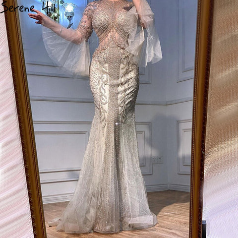 Robe de soirée musulmane caramel, luxueuse, élégante, style sirène, avec perles, pour femmes, modèle LA70289, 2025 