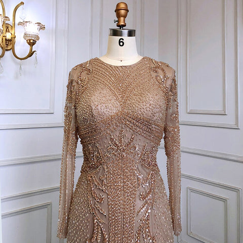 Robe de soirée musulmane caramel, luxueuse, élégante, style sirène, avec perles, pour femmes, modèle LA70289, 2025 