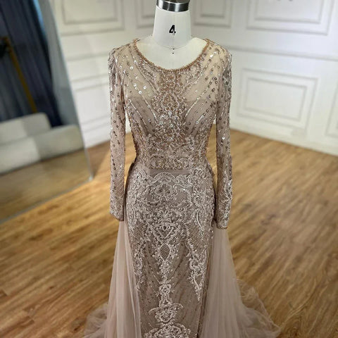 On Sale no return no refund Muslim Caramel Mermaid Evening Dresses Gowns 2025 Overskirt Luxury Beaded Elegant For Woman Party LA71558