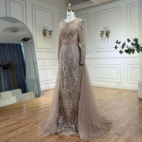 On Sale no return no refund Muslim Caramel Mermaid Evening Dresses Gowns 2025 Overskirt Luxury Beaded Elegant For Woman Party LA71558