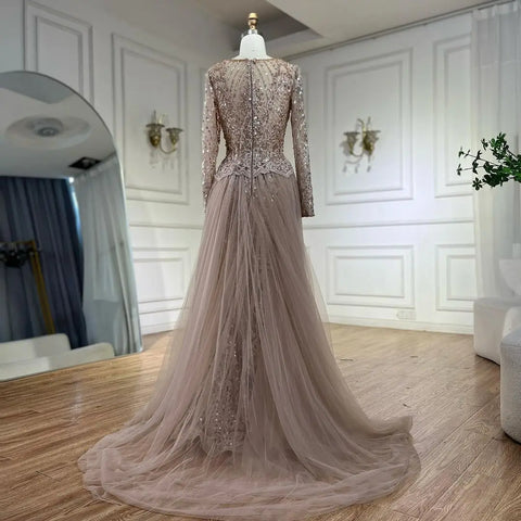 On Sale no return no refund Muslim Caramel Mermaid Evening Dresses Gowns 2025 Overskirt Luxury Beaded Elegant For Woman Party LA71558