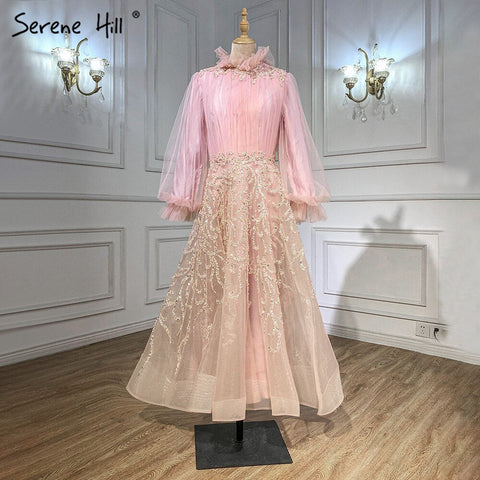 Robe de soirée de luxe style musulman, couleur champagne, manches lanternes, coupe trapèze, pour femmes, LA71035, 2025 