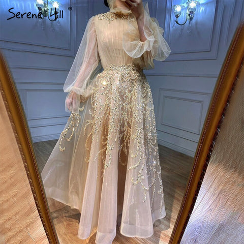 Robe de soirée de luxe style musulman, couleur champagne, manches lanternes, coupe trapèze, pour femmes, LA71035, 2025 