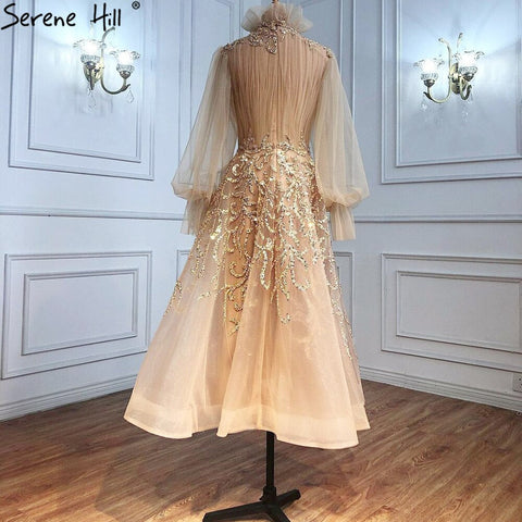 Robe de soirée de luxe style musulman, couleur champagne, manches lanternes, coupe trapèze, pour femmes, LA71035, 2025 