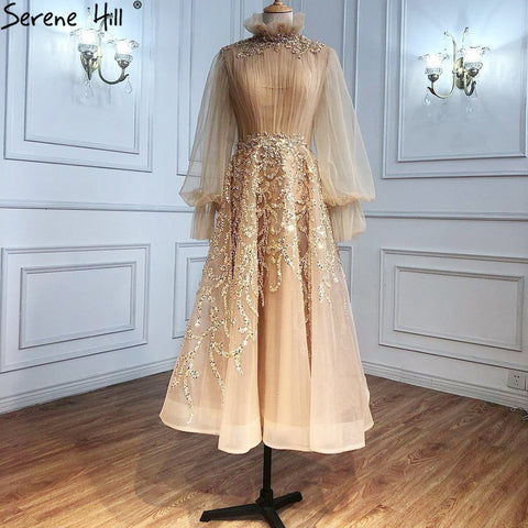 Robe de soirée de luxe style musulman, couleur champagne, manches lanternes, coupe trapèze, pour femmes, LA71035, 2025 