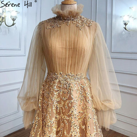 Robe de soirée de luxe style musulman, couleur champagne, manches lanternes, coupe trapèze, pour femmes, LA71035, 2025 