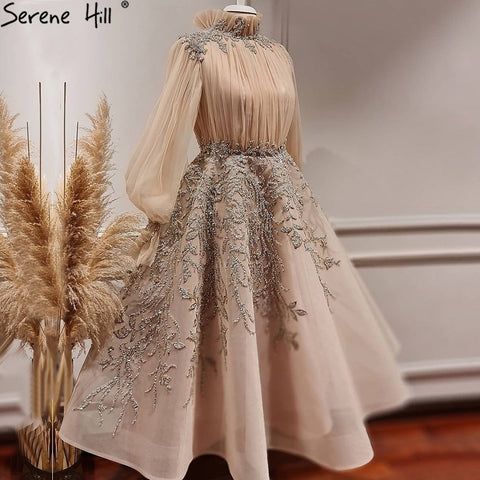 Robe de soirée de luxe style musulman, couleur champagne, manches lanternes, coupe trapèze, pour femmes, LA71035, 2025 