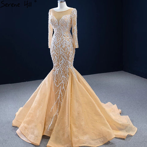 Robe de soirée sirène champagne musulmane 2025, luxueuse et élégante, avec perles, pour femmes, HM67211 