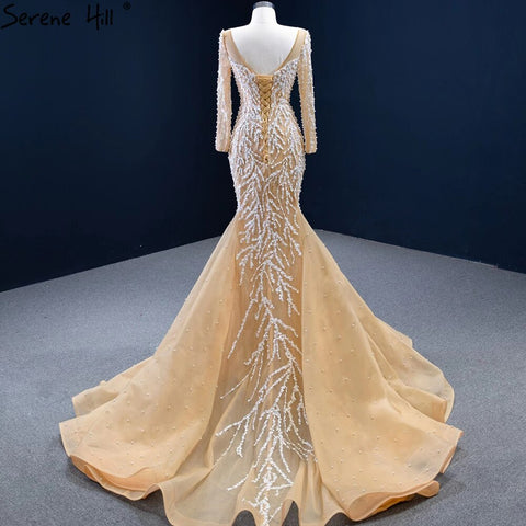 Robe de soirée sirène champagne musulmane 2025, luxueuse et élégante, avec perles, pour femmes, HM67211 