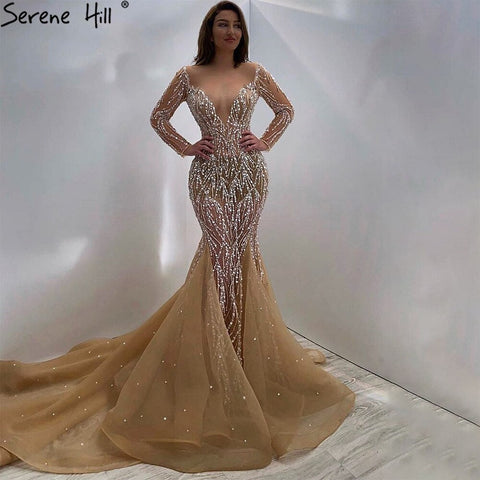 Robe de soirée sirène champagne musulmane 2025, luxueuse et élégante, avec perles, pour femmes, HM67211 