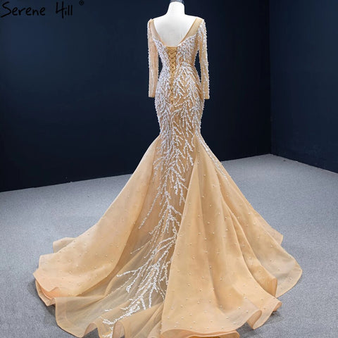 Robe de soirée sirène champagne musulmane 2025, luxueuse et élégante, avec perles, pour femmes, HM67211 