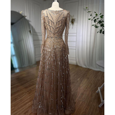 Robe de soirée de luxe style musulman, coupe trapèze, col en V, perles, couleur caramel, pour femmes, fête de mariage, 2025, LA71940 