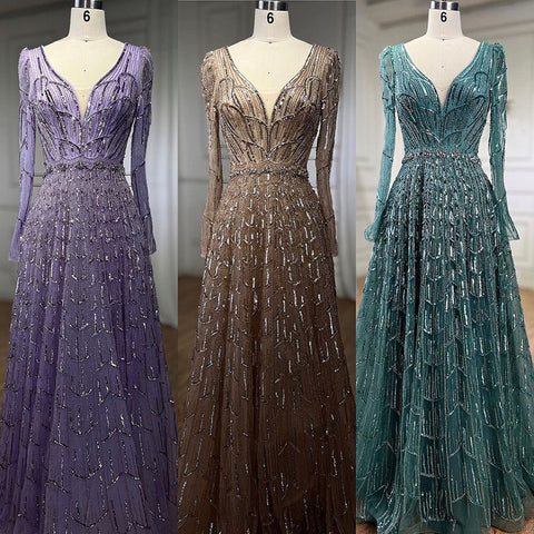 Robe de soirée de luxe style musulman, coupe trapèze, col en V, perles, couleur caramel, pour femmes, fête de mariage, 2025, LA71940 