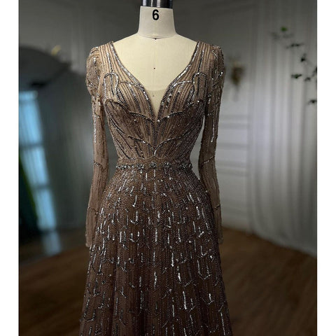Robe de soirée de luxe style musulman, coupe trapèze, col en V, perles, couleur caramel, pour femmes, fête de mariage, 2025, LA71940 