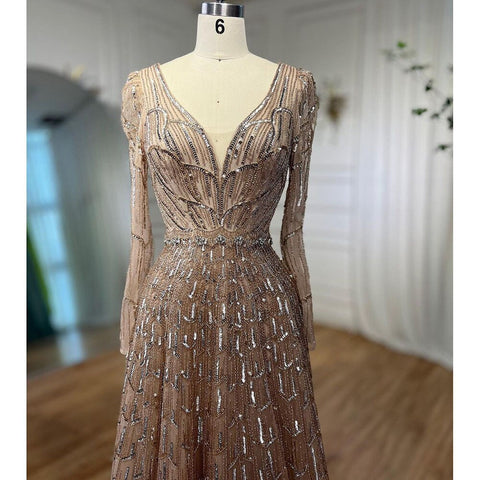 Robe de soirée de luxe style musulman, coupe trapèze, col en V, perles, couleur caramel, pour femmes, fête de mariage, 2025, LA71940 