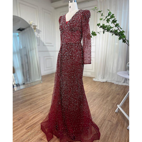 Robe de soirée sirène rouge vin de luxe, col en V, perles, pour femmes musulmanes, tenue de mariage, 2025, LA72148 
