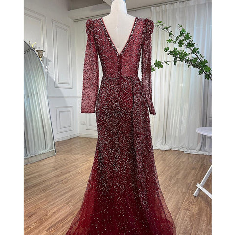 Robe de soirée sirène rouge vin de luxe, col en V, perles, pour femmes musulmanes, tenue de mariage, 2025, LA72148 