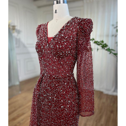 Robe de soirée sirène rouge vin de luxe, col en V, perles, pour femmes musulmanes, tenue de mariage, 2025, LA72148 
