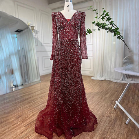 Robe de soirée sirène rouge vin de luxe, col en V, perles, pour femmes musulmanes, tenue de mariage, 2025, LA72148 