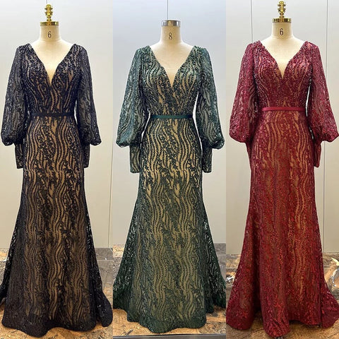 Robe de soirée élégante à manches bouffantes et col en V, style sirène, verte, luxueuse, ornée de perles, pour femmes musulmanes, 2025, LA71800 