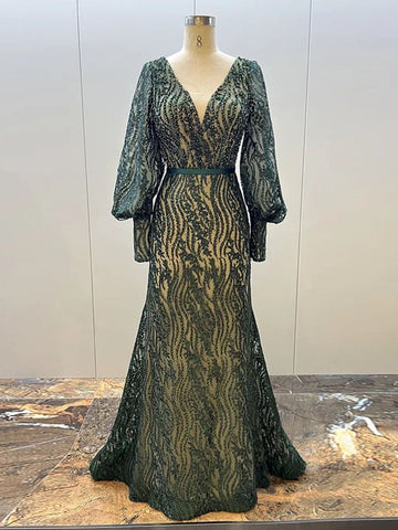 Robe de soirée élégante à manches bouffantes et col en V, style sirène, verte, luxueuse, ornée de perles, pour femmes musulmanes, 2025, LA71800 