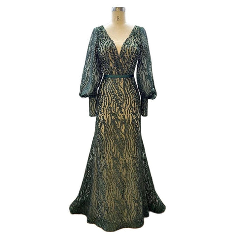 Robe de soirée élégante à manches bouffantes et col en V, style sirène, verte, luxueuse, ornée de perles, pour femmes musulmanes, 2025, LA71800 
