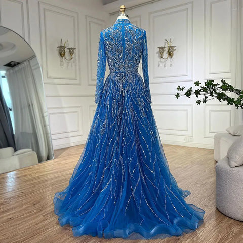 Robe de soirée élégante et luxueuse pour femmes musulmanes, coupe trapèze, bleu, perlée, style Dubaï, pour mariage, 2025, LA72302A 