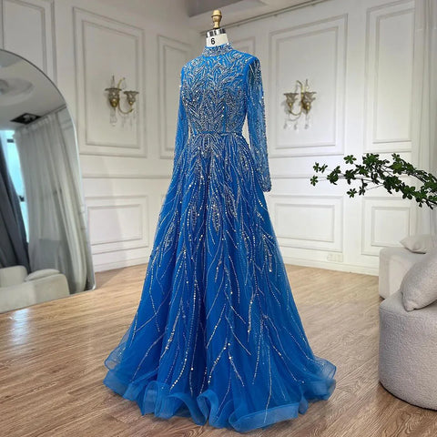 Robe de soirée élégante et luxueuse pour femmes musulmanes, coupe trapèze, bleu, perlée, style Dubaï, pour mariage, 2025, LA72302A 