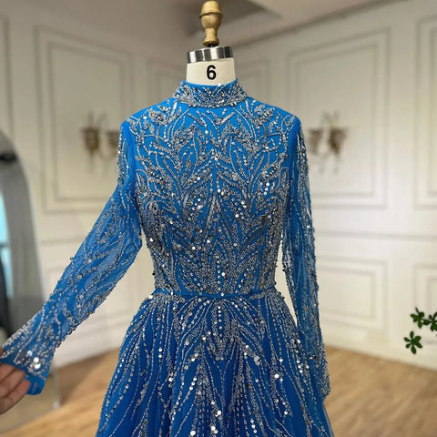 Robe de soirée élégante et luxueuse pour femmes musulmanes, coupe trapèze, bleu, perlée, style Dubaï, pour mariage, 2025, LA72302A 