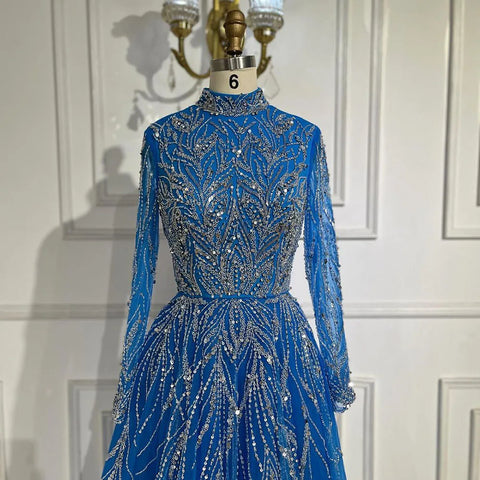 Robe de soirée élégante et luxueuse pour femmes musulmanes, coupe trapèze, bleu, perlée, style Dubaï, pour mariage, 2025, LA72302A 