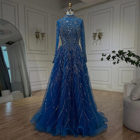 Robe de soirée élégante et luxueuse pour femmes musulmanes, coupe trapèze, bleu, perlée, style Dubaï, pour mariage, 2025, LA72302A 