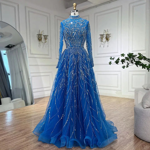 Robe de soirée élégante et luxueuse pour femmes musulmanes, coupe trapèze, bleu, perlée, style Dubaï, pour mariage, 2025, LA72302A 