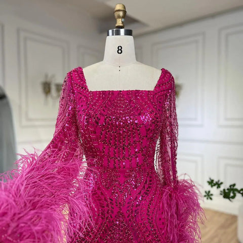 Robe de soirée longue style sirène fuchsia pour femmes musulmanes, luxueuse, avec plumes et perles, pour mariage, Dubaï, 2025, LA72565 