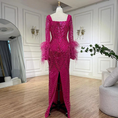 Robe de soirée longue style sirène fuchsia pour femmes musulmanes, luxueuse, avec plumes et perles, pour mariage, Dubaï, 2025, LA72565 
