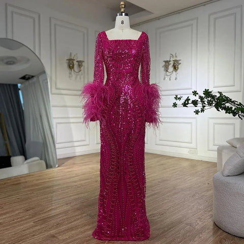 Robe de soirée longue style sirène fuchsia pour femmes musulmanes, luxueuse, avec plumes et perles, pour mariage, Dubaï, 2025, LA72565 