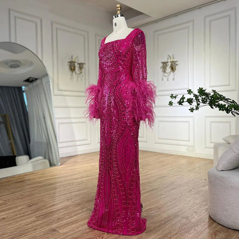 Robe de soirée longue style sirène fuchsia pour femmes musulmanes, luxueuse, avec plumes et perles, pour mariage, Dubaï, 2025, LA72565 