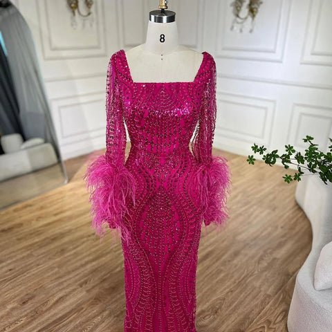 Robe de soirée longue style sirène fuchsia pour femmes musulmanes, luxueuse, avec plumes et perles, pour mariage, Dubaï, 2025, LA72565 