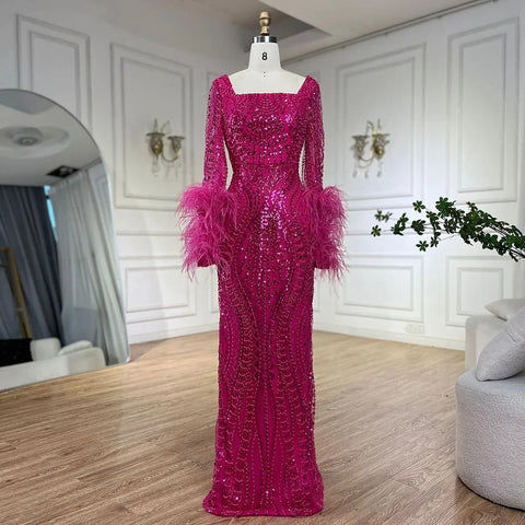 Robe de soirée longue style sirène fuchsia pour femmes musulmanes, luxueuse, avec plumes et perles, pour mariage, Dubaï, 2025, LA72565 